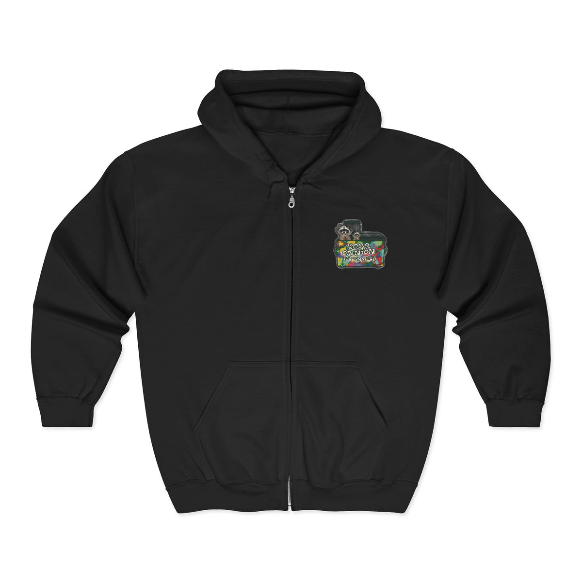 Dark gray hoodie with a small graphic on the chest of racoons in a dumpster  and the text 'your opinion is trash