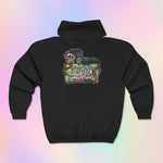A black pullover hoodie shown from the back, featuring a colorful graphic print of racoons in a dumpster  and the text 'your opinion is trash