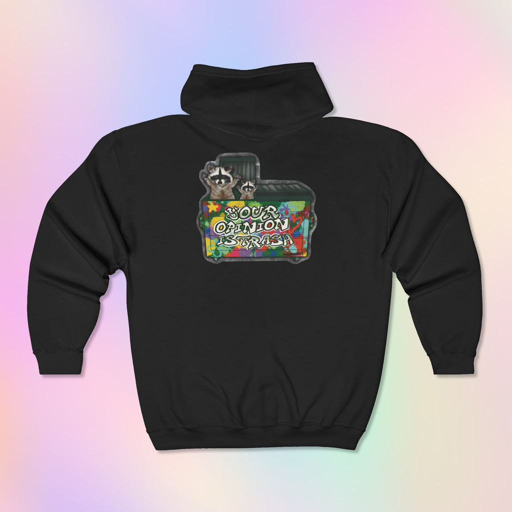 A black pullover hoodie shown from the back, featuring a colorful graphic print of racoons in a dumpster  and the text 'your opinion is trash