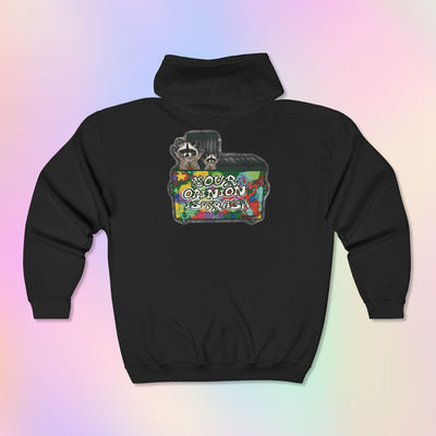A black pullover hoodie shown from the back, featuring a colorful graphic print of racoons in a dumpster  and the text 'your opinion is trash" as grafiti 
