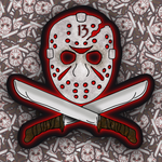 A stylized horror mask graphic with crossed knives behind it, centered on a patterned gray background. The mask is distressed white with red markings and the number 13, and the knives are silver with brown wrapped handles.