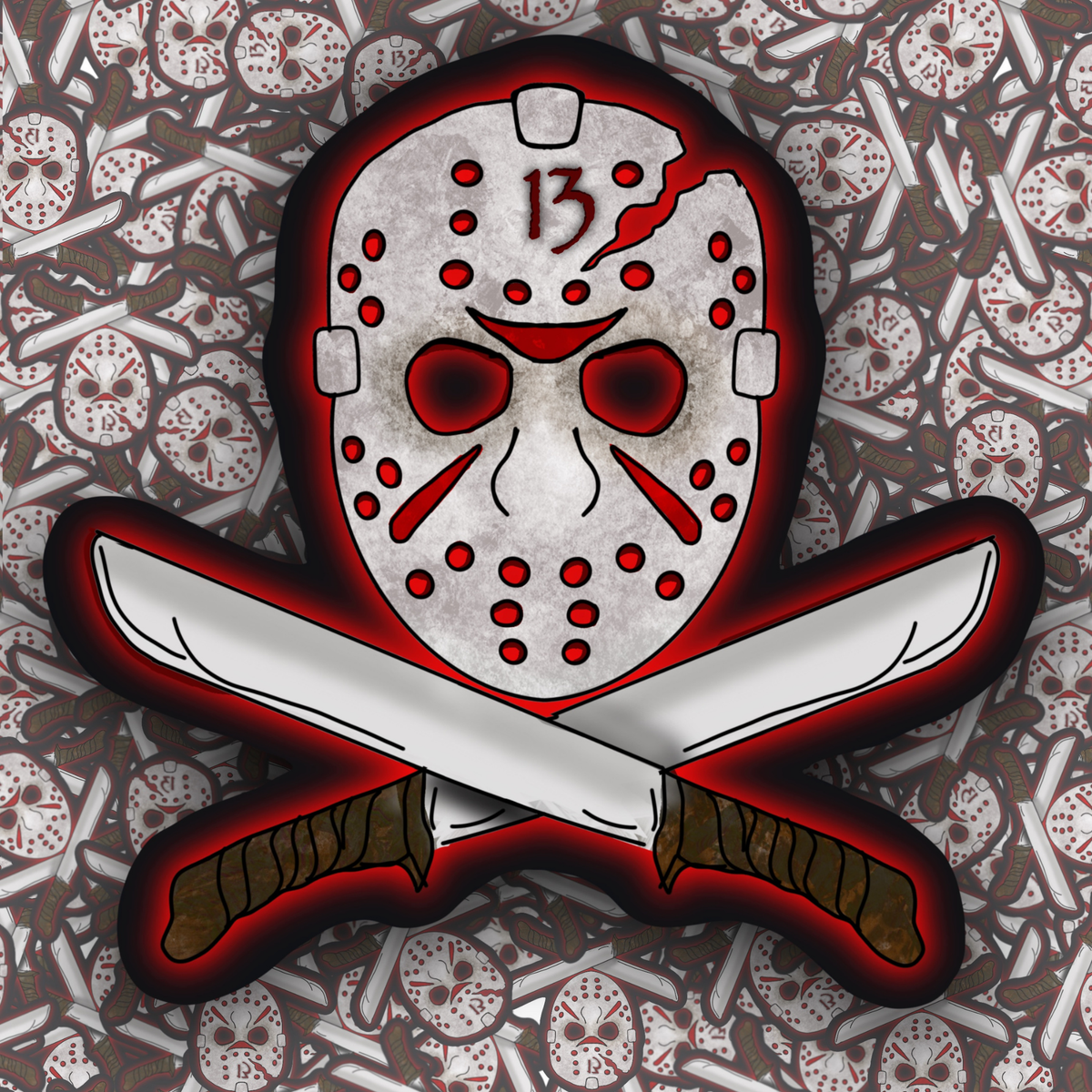 A stylized horror mask graphic with crossed knives behind it, centered on a patterned gray background. The mask is distressed white with red markings and the number 13, and the knives are silver with brown wrapped handles.