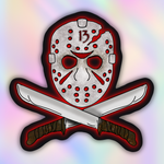 A stylized horror mask with crossed knives behind it, outlined in red glow, centered on a soft pastel rainbow gradient background.