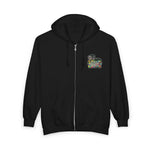 A black zip-up hoodie with a drawstring hood and kangaroo pocket, featuring a colorful graphic print on the left chest depicting racoons in a dumpster  and the text 'your opinion is trash