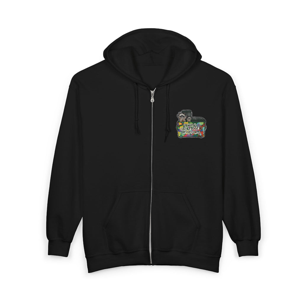 A black zip-up hoodie with a drawstring hood and kangaroo pocket, featuring a colorful graphic print on the left chest depicting racoons in a dumpster  and the text 'your opinion is trash