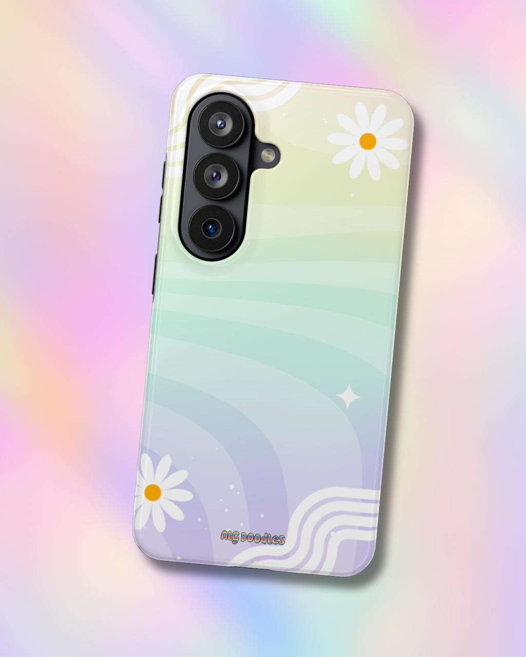 A phone case with a pastel rainbow gradient background, featuring white daisy flowers with yellow centers and wavy line details. The case is shown from a three-quarters perspective against a matching pastel rainbow gradient background.