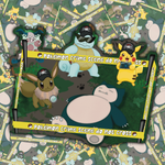 A Pokémon-themed crime scene collage featuring characters Snorlax, Squirtle, Pikachu, and Eeveo, with yellow tape reading 'Pokémon crime scene do not cross' on a patterned background.