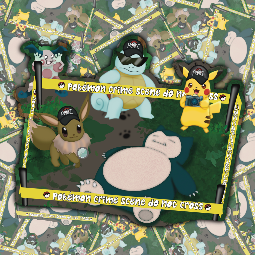 A Pokémon-themed crime scene collage featuring characters Snorlax, Squirtle, Pikachu, and Eeveo, with yellow tape reading 'Pokémon crime scene do not cross' on a patterned background.