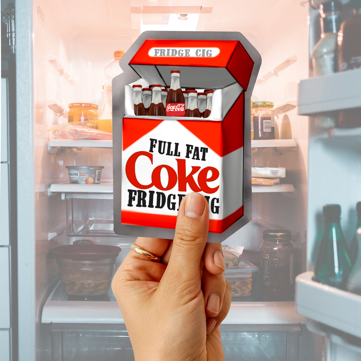 Illustrated Full Fat Coke inspired cigarette-pack parody sticker filled with mini soda bottles.