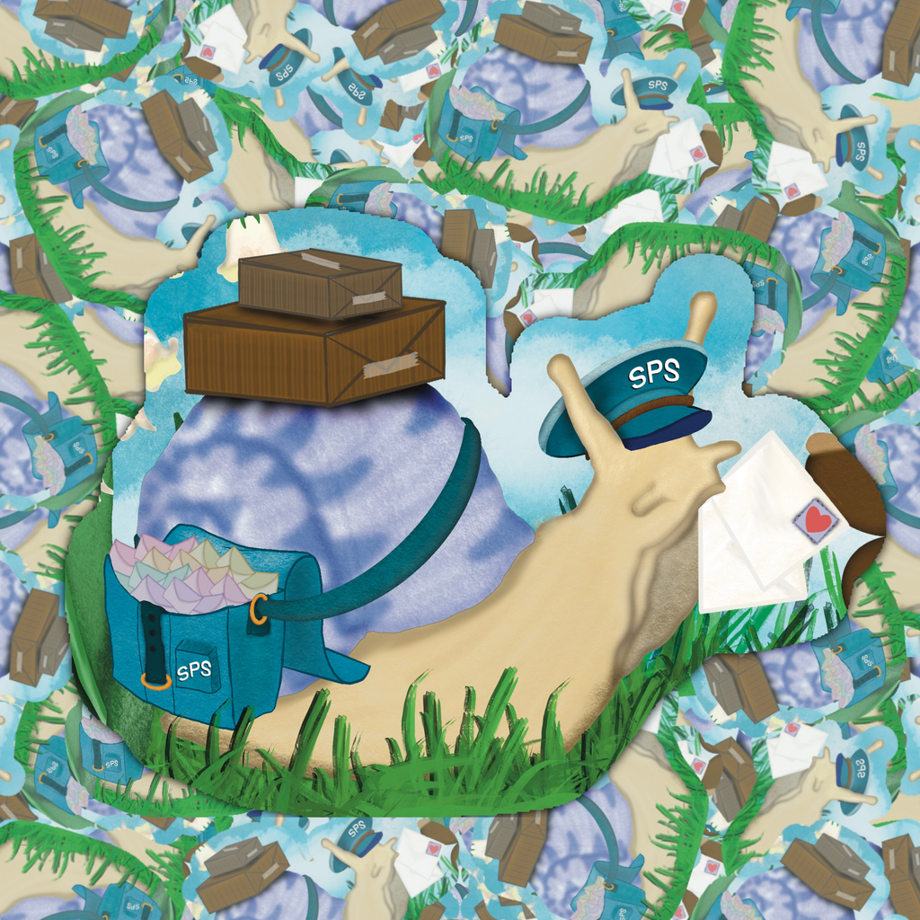 A stylized illustration of a snail carrying a blue SPS mail bag and packages, with a blue hat and white envelope, set against a busy patterned background of mail and grass.