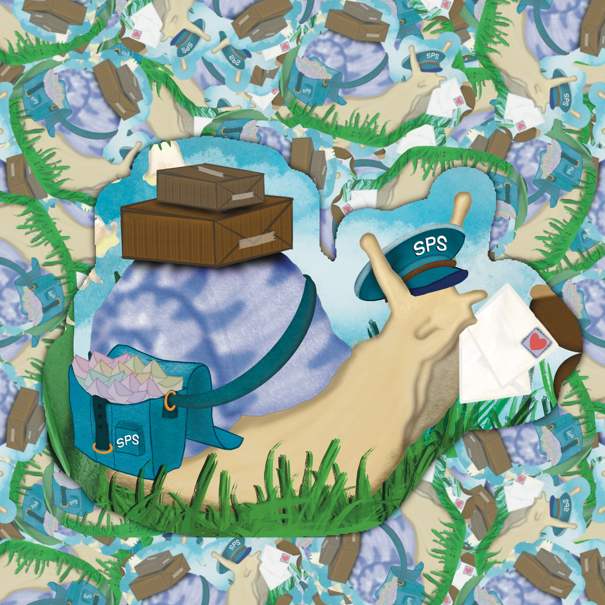 A stylized illustration of a snail carrying a blue SPS mail bag and packages, with a blue hat and white envelope, set against a busy patterned background of mail and grass.