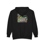 A black pullover hoodie shown from the back, featuring a colorful graphic print of a raccoon wearing sunglasses with the text 'racoons in a dumpster  and the text 'your opinion is trash