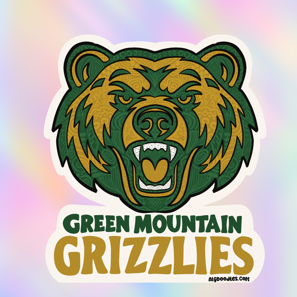 A die-cut sticker featuring a stylized grizzly bear head in green and gold with the text 'GREEN MOUNTAIN GRIZZLIES' below it, shown on a pastel iridescent background.