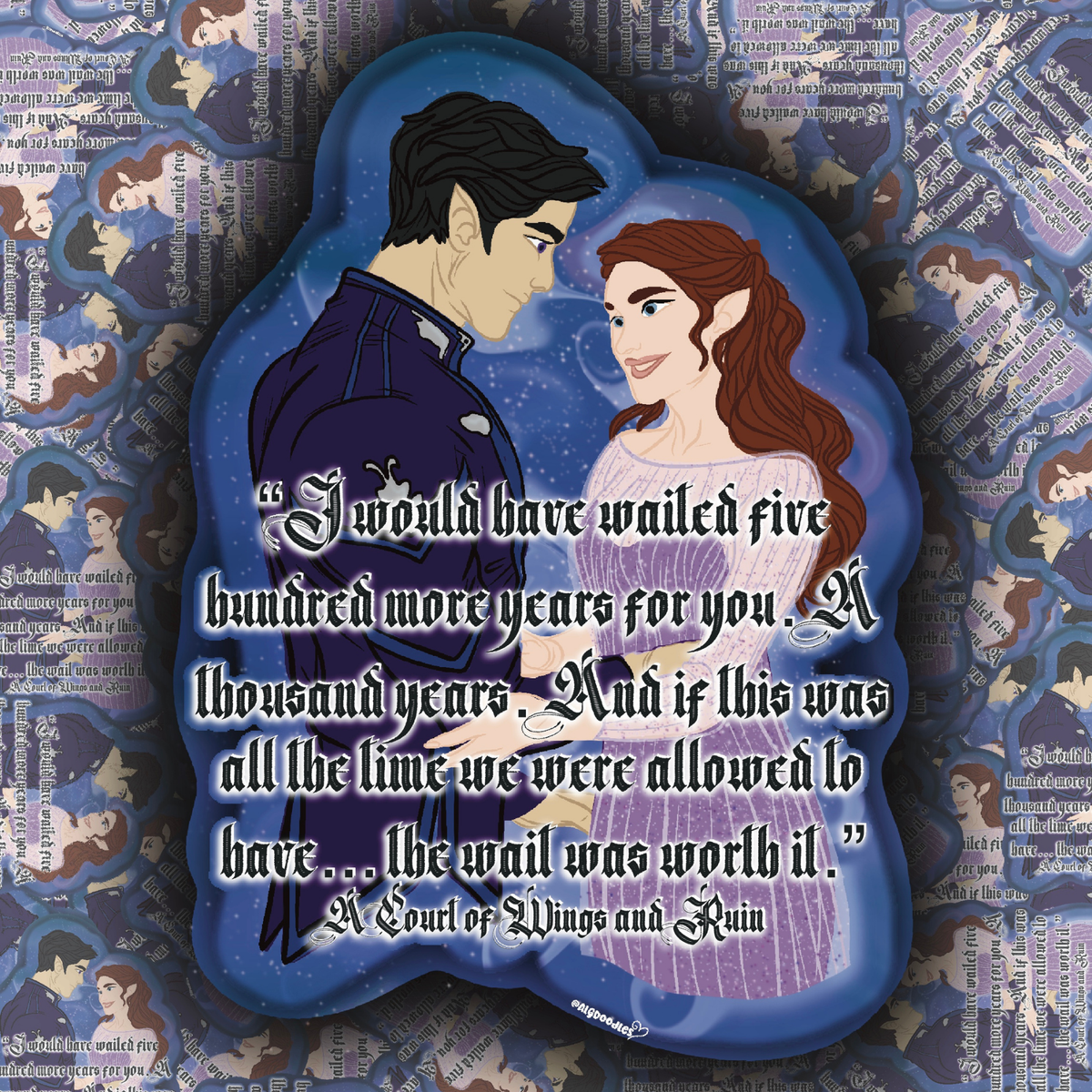 A decorative plaque or sign featuring an illustrated couple in a starry blue scene with a quote from 'A Court of Wings and Ruin' overlaid in white text. The plaque is centered on a repeating patterned background of similar designs.