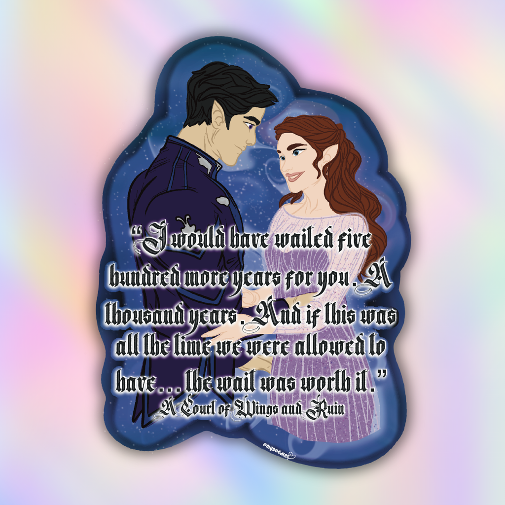 A die-cut sticker featuring an illustration of a dark-haired man in a navy uniform and a red-haired woman in a lavender dress, set against a starry blue background with a romantic quote overlaid in white text.