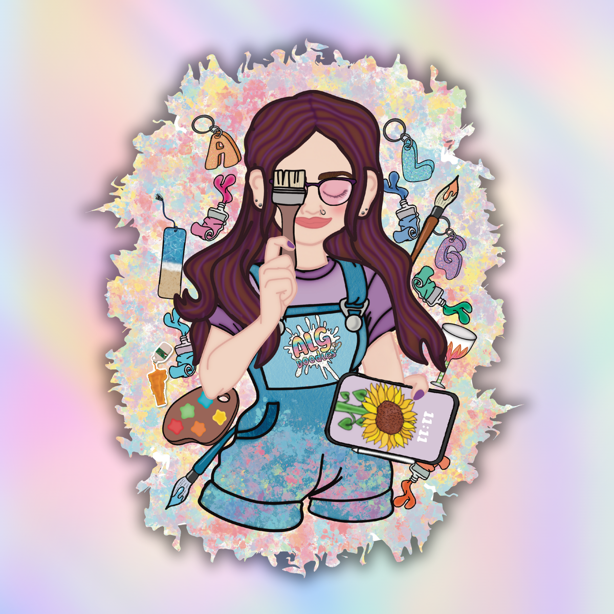 Illustrated vinyl sticker of an artist wearing overalls and holding a paintbrush with colorful art supplies floating around her.