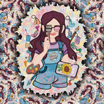 Collage-style product image featuring an illustrated artist logo sticker surrounded by colorful creative tools and paint textures.
