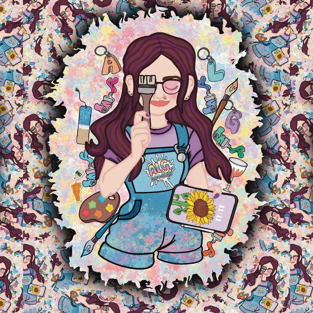 Collage-style product image featuring an illustrated artist logo sticker surrounded by colorful creative tools and paint textures.