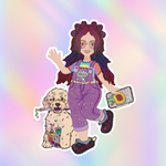 Illustrated vinyl sticker featuring a colorful artist character walking beside a fluffy dog holding a paintbrush.