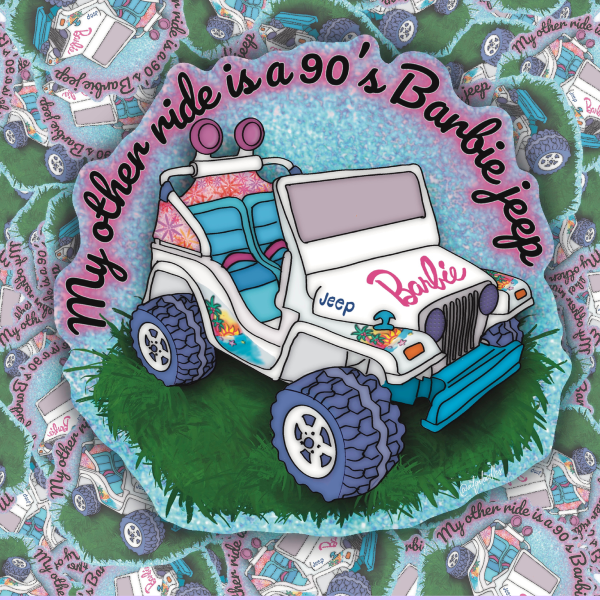 Collage-style product image featuring a pastel vinyl sticker that says “My Other Ride Is a 90’s Barbie Jeep” with a white Barbie-style toy jeep illustration on a glittery blue background.