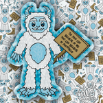 Collage-style image featuring a cute abominable snowman vinyl sticker with snowflake details and an encouraging self-belief message.
