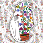 Collage display of Bloom Within floral stickers scattered across a matching botanical patterned background.
