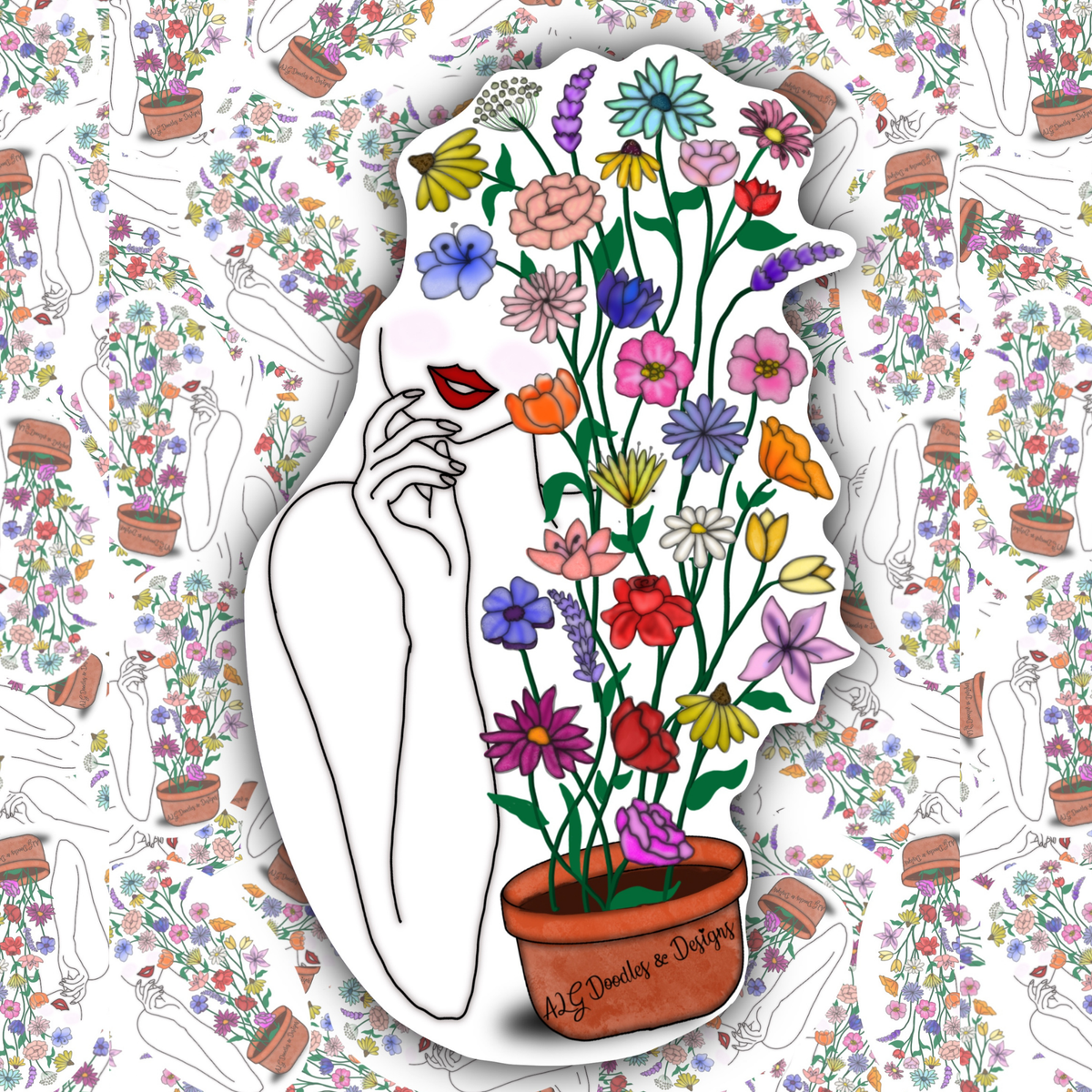 Collage display of Bloom Within floral stickers scattered across a matching botanical patterned background.