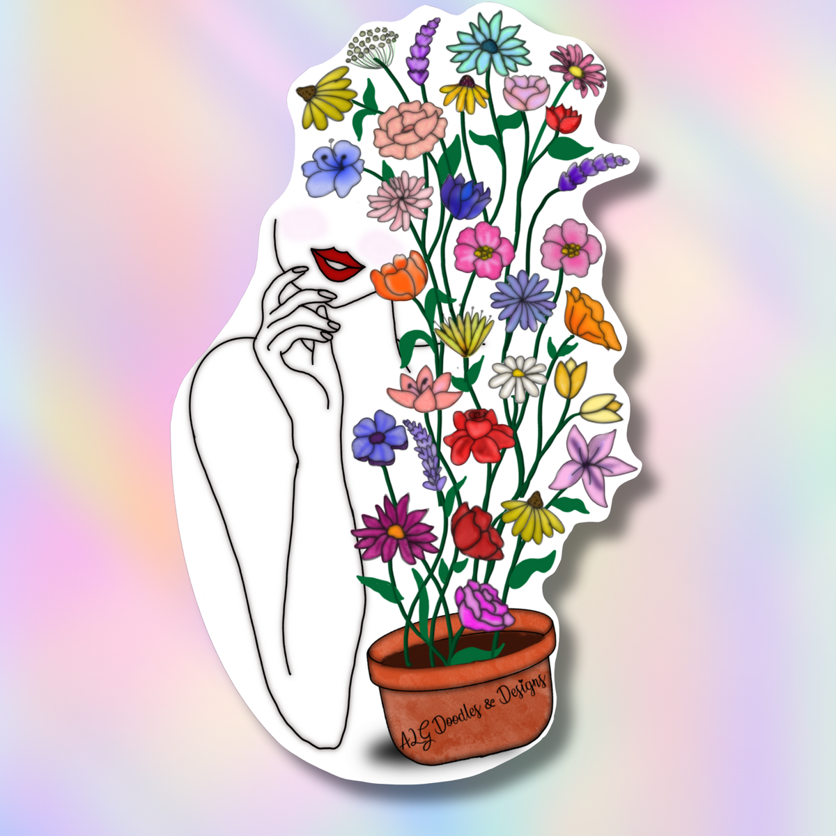 Minimalist feminine outline sticker with colorful blooming flowers growing from a flower pot in a botanical self-growth inspired design.
