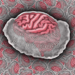 A die-cut sticker featuring a pink brain on a gray stone-like background with the text 'The brain fog IS thick today' in white outlined lettering, shown against a repeating brain-pattern backdrop.