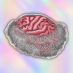 A die-cut sticker featuring a pink brain on a gray smoky background with the text 'The brain fog IS thick today' in white outlined lettering, set against a pastel rainbow gradient backdrop.