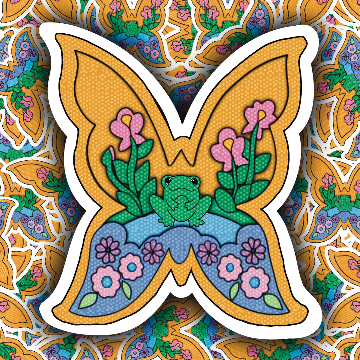 A butterfly-shaped sticker featuring a colorful retro illustration of a green frog, pink flowers, and blue waves on a patterned background.