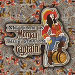Collage of pirate captain lyric stickers scattered across a country-inspired background featuring barrels and rustic textures.