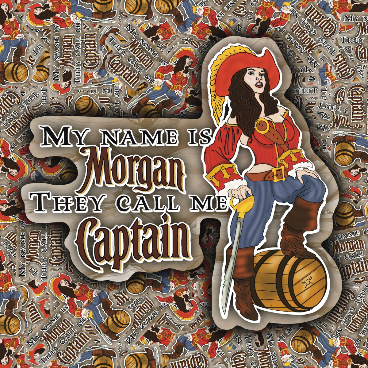 Collage of pirate captain lyric stickers scattered across a country-inspired background featuring barrels and rustic textures.