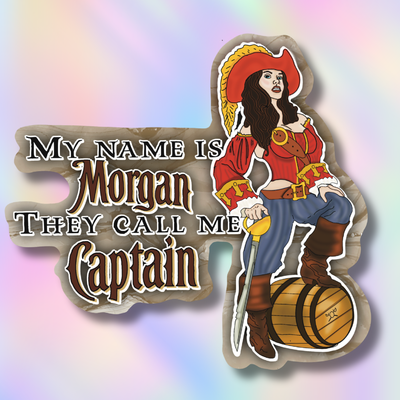 Country-inspired pirate captain sticker featuring the phrase “My Name Is Morgan, They Call Me Captain” with western bar and whiskey vibes.