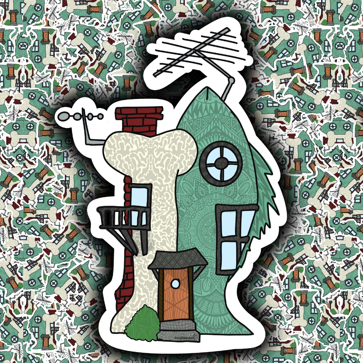 Collage of cartoon-inspired house stickers scattered across a matching nostalgic patterned background.