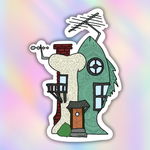 Zendoodle-style cartoon house sticker inspired by retro 90s animation with whimsical architectural details and textured patterns.