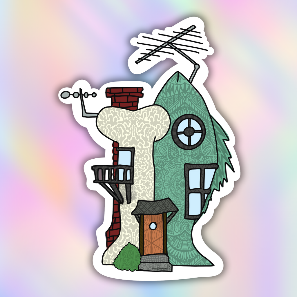 Zendoodle-style cartoon house sticker inspired by retro 90s animation with whimsical architectural details and textured patterns.