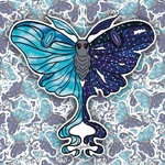 Collage of celestial moth stickers scattered across a matching moon and sky themed background.