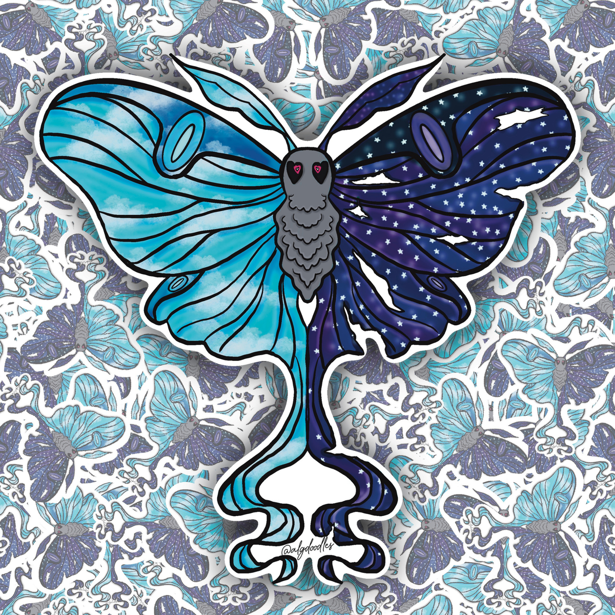 Collage of celestial moth stickers scattered across a matching moon and sky themed background.