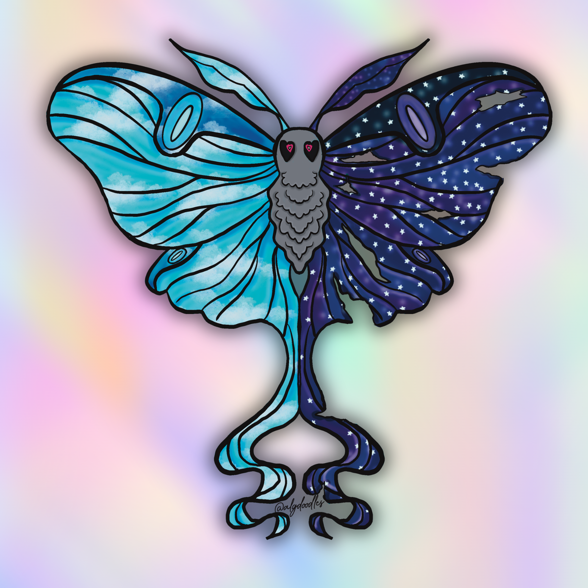 Celestial luna moth inspired sticker featuring split blue sky and galaxy night wings with flowing tail details.