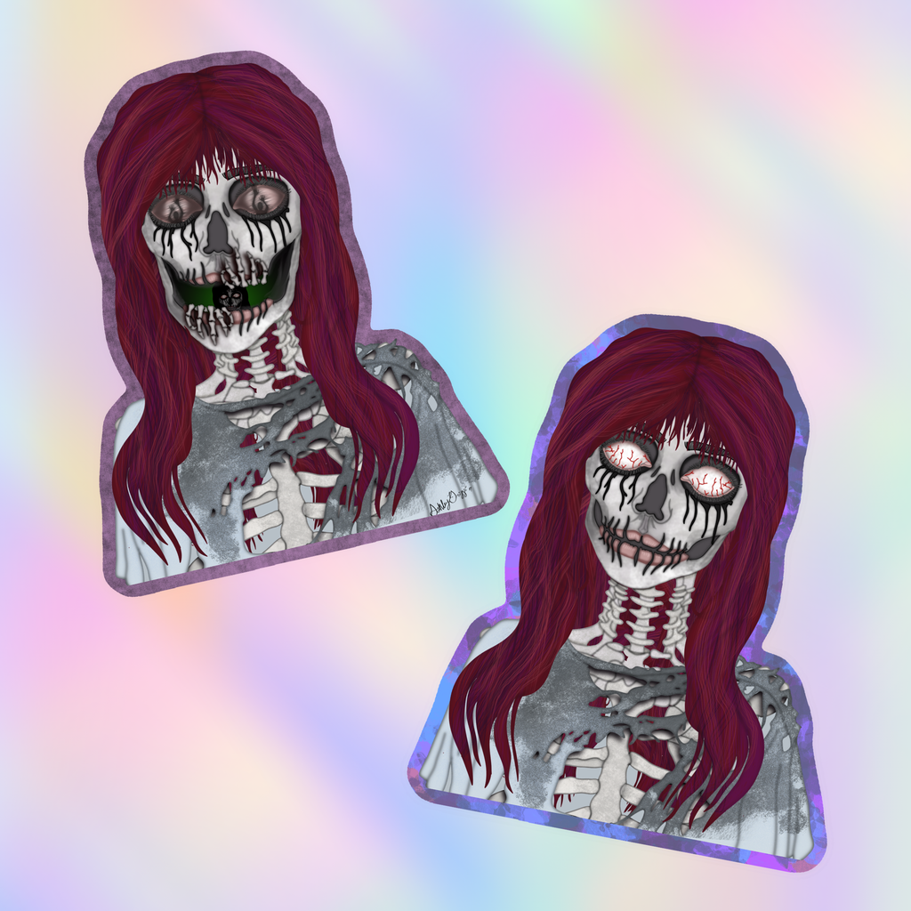 Two die-cut stickers featuring a stylized skeleton girl with long burgundy hair, shown on a pastel iridescent background.