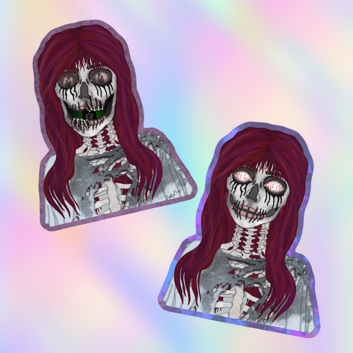 Two die-cut stickers featuring a stylized skeleton girl with long burgundy hair, shown on a pastel iridescent background.