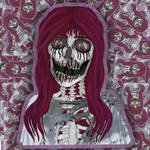 A stylized portrait artwork of a skeleton woman with long magenta-pink hair, black eye makeup, and a green mouthguard, surrounded by a repeating pattern of money and skulls on a purple border.