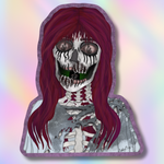 A die-cut sticker or art print featuring a stylized skeleton girl with long burgundy hair, black eye makeup, and a green open  mouth with hands gripping , shown against a pastel iridescent background.