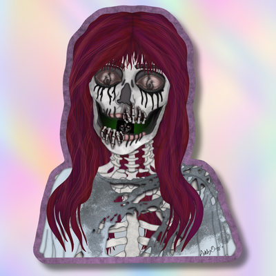 A die-cut sticker or art print featuring a stylized skeleton girl with long burgundy hair, black eye makeup, and a green open  mouth with hands gripping , shown against a pastel iridescent background.
