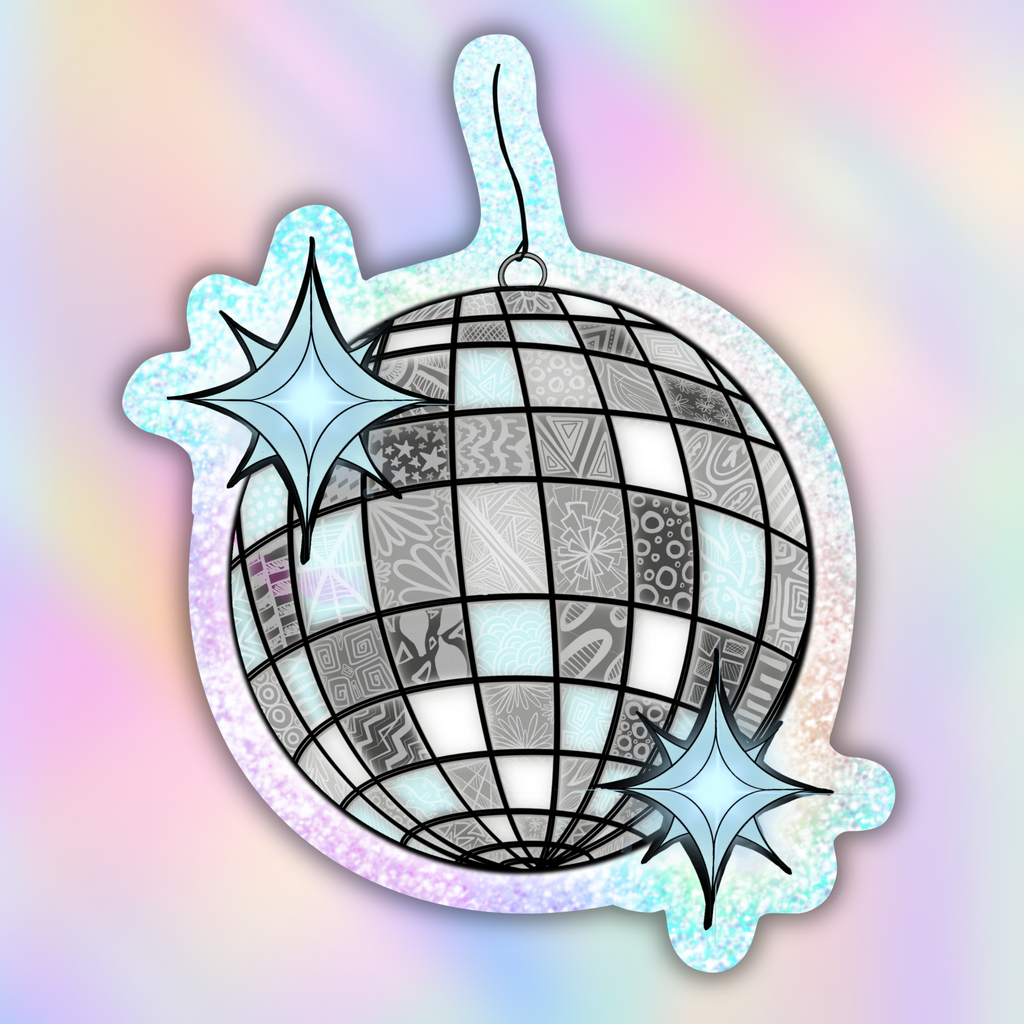 A die-cut sticker or decal featuring a stylized disco ball with black grid lines and patterned square panels, surrounded by a glittery iridescent outline and two light blue sparkles, shown on a pastel rainbow gradient background.