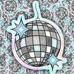 A stylized disco ball ornament with a black grid pattern and pastel gradient border, surrounded by matching disco ball and star motifs on a patterned background.
