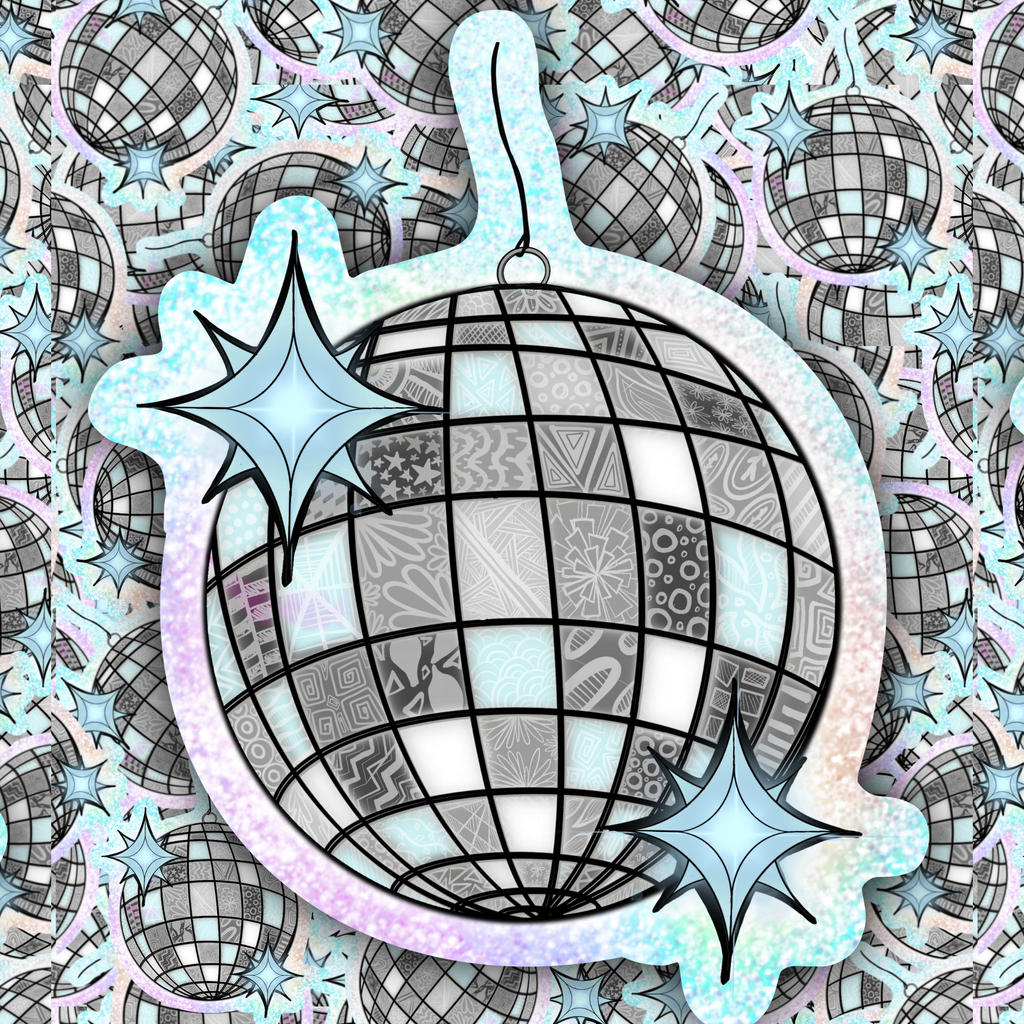 A stylized disco ball ornament with a black grid pattern and pastel gradient border, surrounded by matching disco ball and star motifs on a patterned background.