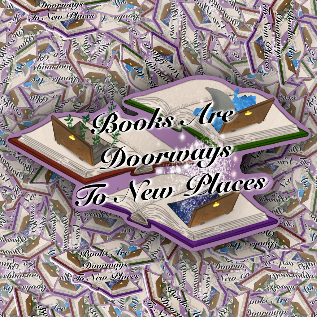 Collage display of magical book doorway stickers scattered across a matching fantasy reading-themed background.