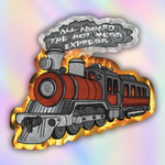 A die-cut sticker or decal featuring a cartoon steam locomotive with flames and a smoke cloud reading “ALL ABOARD THE HOT MESS EXPRESS.” The train is red, gray, and black, set against a soft pastel rainbow gradient background.